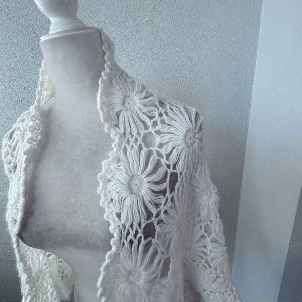 Handmade Crochet Cream Shawl Large Floral Pattern Pearl Detail Handmade
